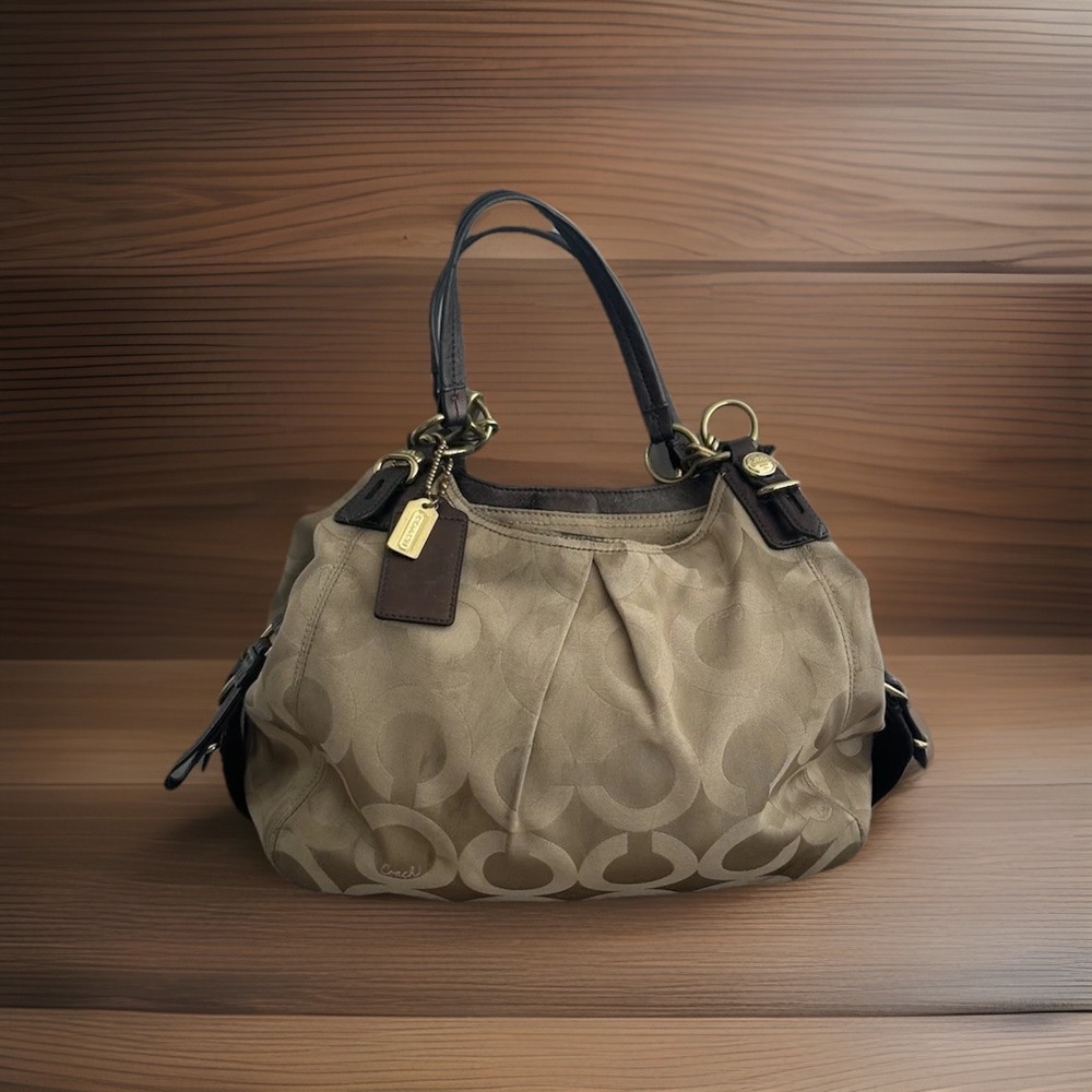 Coach Madison Op Art Maggie Sateen Shoulder  Bag Brown Canvas Leather Straps
